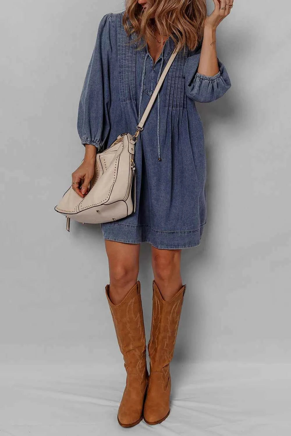 Tie Neck Long Sleeve Mini Denim Dress cf31aace-d36b-401b-8bb3-6338832e54c3-Max-Origin