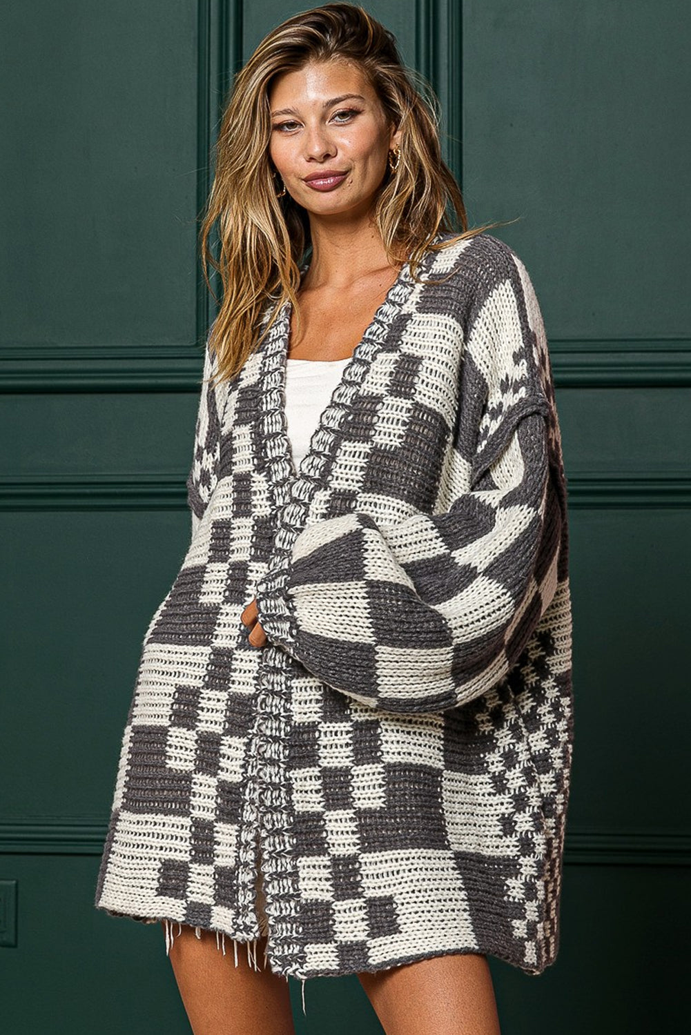 Dark Grey Colorblock Checked Loose Fit Open Front Knitted Cardigan cf3463029de8148c