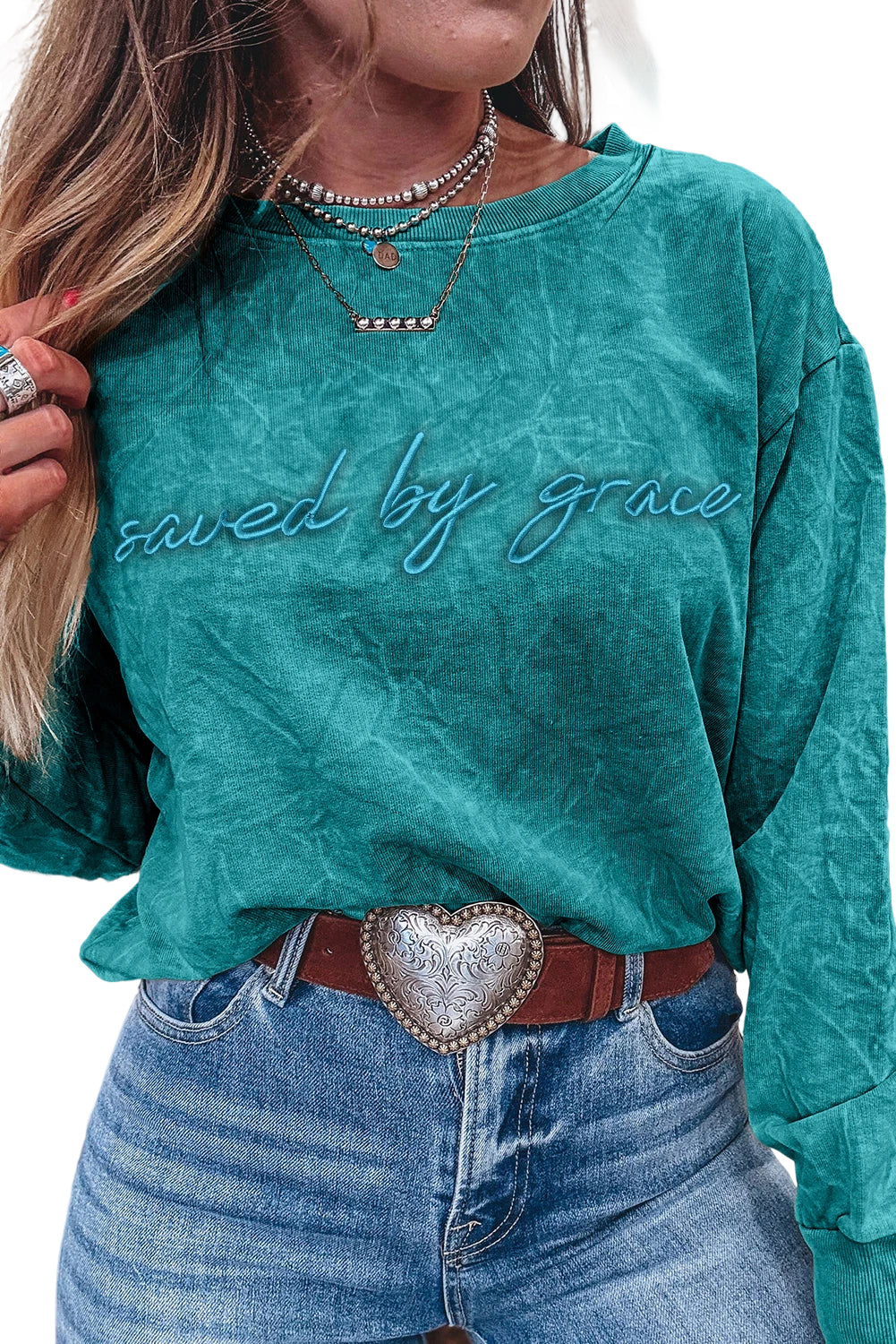 Sea Green saved by grace Letter Embroidery Mineral Wash Loose Sweatshirt Sea Green 85%Cotton+15%Polyester cf4bcb572c938644