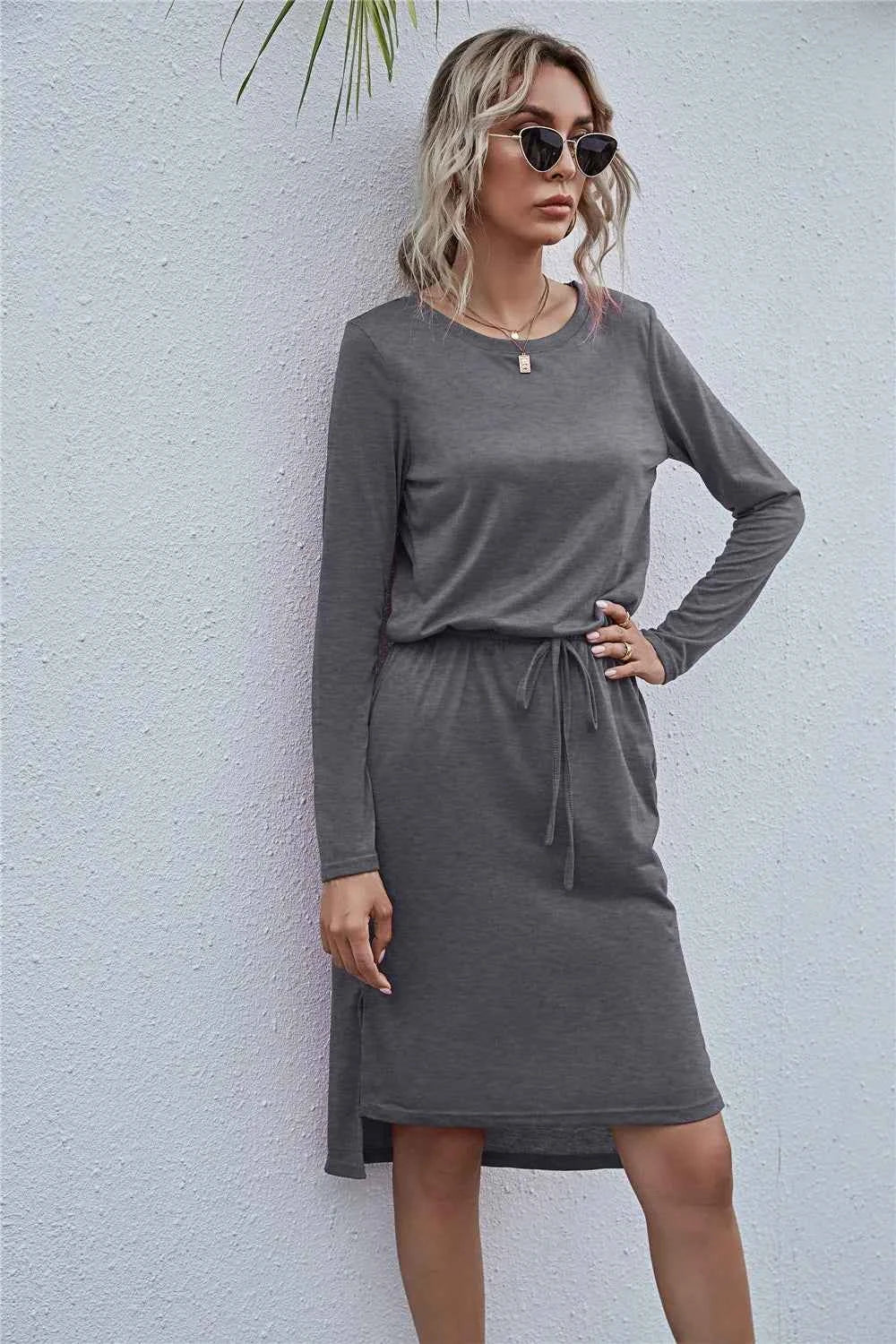 Drawstring Waist Round Neck Long Sleeve Dress Dark Gray cf4fc2b982e64567b895b4250955c3ef-Max