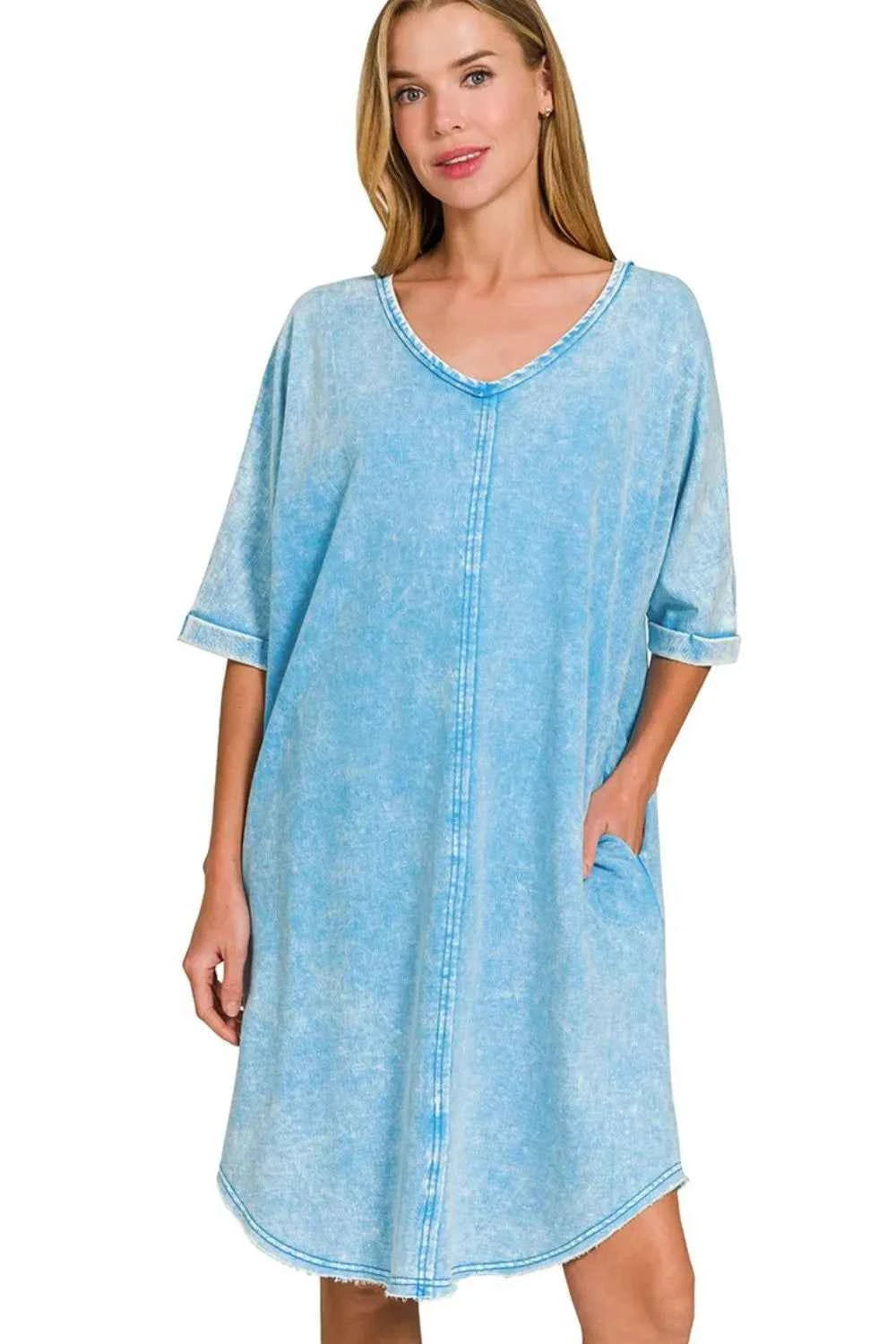 Zenana Acid-washed French Terry Tee Shirts Dress DEEP SKY cf616176-0dac-46e4-84b4-f7607bc640ae-Max-Origin
