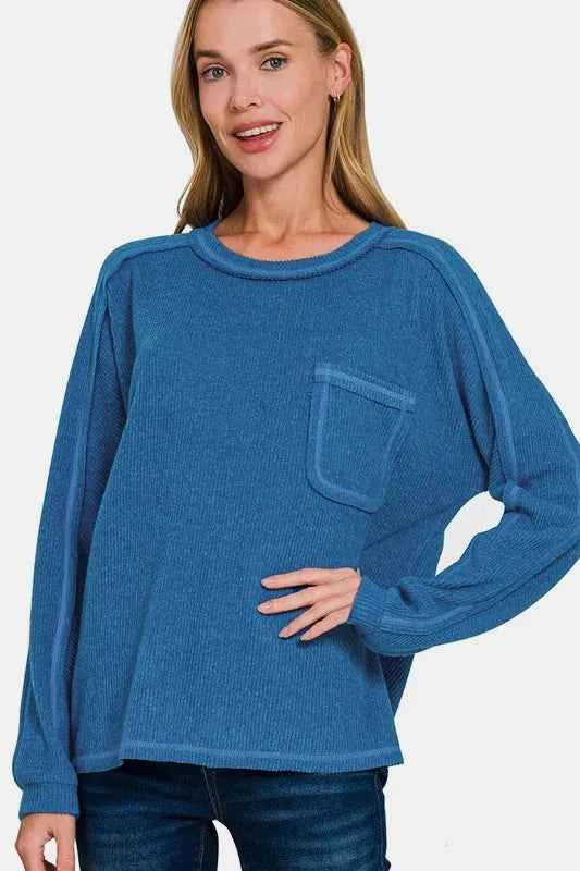 Zenana Full Size Contrast Stitching Brushed Ribbed Hacci Knit Top Plus Size Royal Blue cf7a38b5-7a90-46bc-b727-d5dd9df29c2c-Max