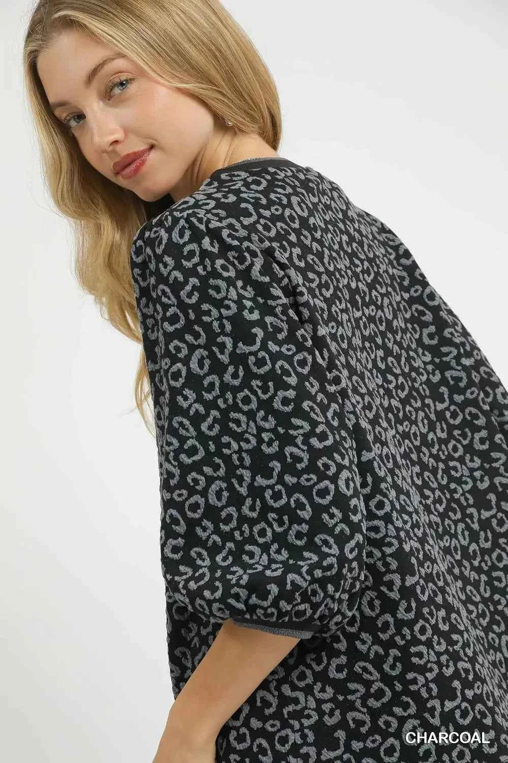 Umgee Leopard Print Jacquard Blouse with Puff Sleeves cf7e5f76-3e34-493b-9df4-0195777128a1-Max