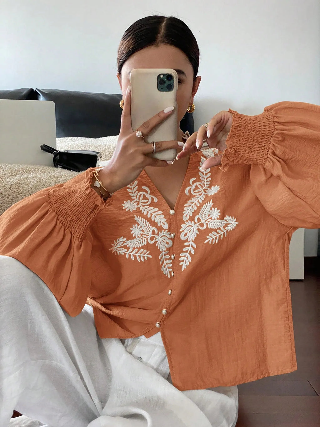 Embroidered Lantern Sleeve Blouse cf918ce7-6075-439d-b235-f604fbf9bdd8-Max-Origin