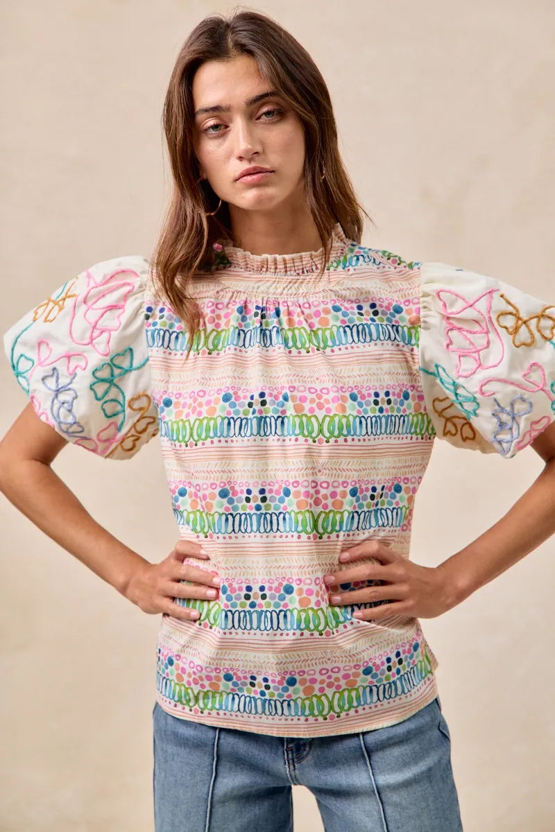 BiBi Ruffle Neckline Blouse With Embroidery Bubble Sleeve cf9756ae0ce34367b3606ac1d47830bb-Max-Origin