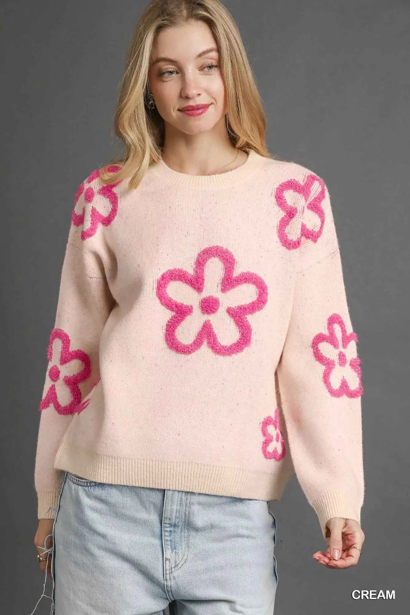 Umgee Round Neck Sweater with Pink Floral Accents Cream cfa8bafa-840f-48ce-bc73-2155976cf25e-Max-Origin