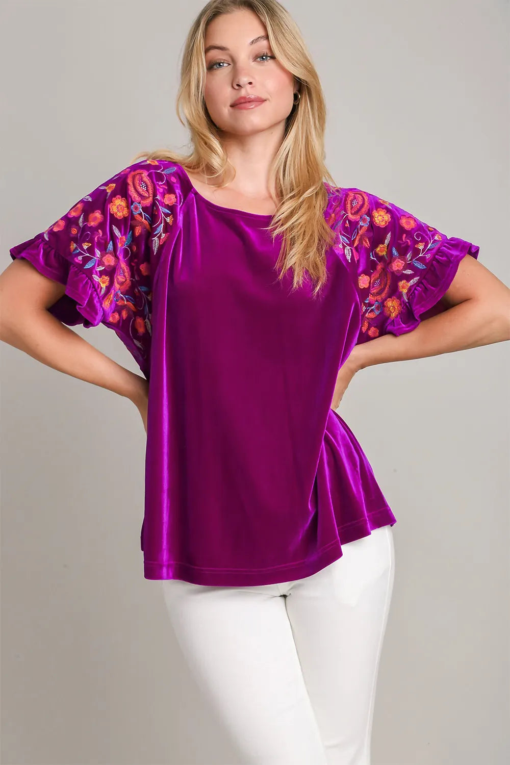 Umgee Full Size Velvet Embroidery Short Sleeve Blouse Violet cfcc42e7-e8d6-48d6-a6ee-fe48706fe0b0-Max