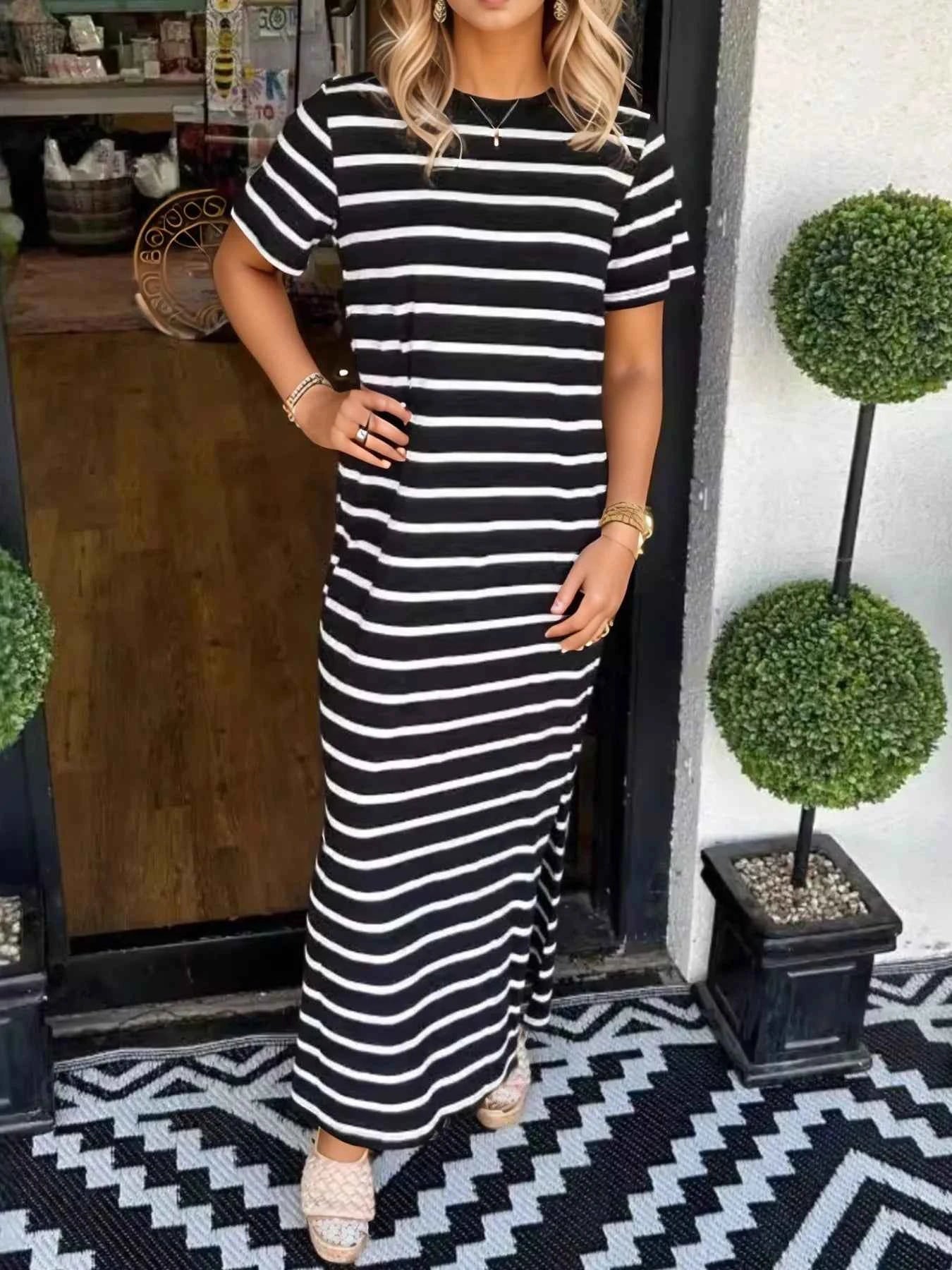 Plus Size Striped Maxi Dress with Side Slit - Full Size T-Shirt Style White cfd4271e-c3ea-4665-b53d-d547a13262fb-Max-Origin