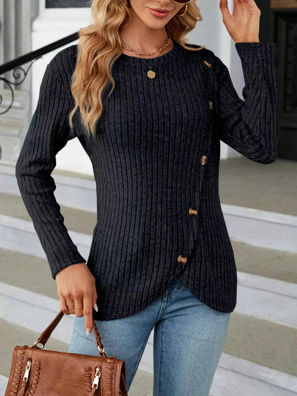 Ribbed Knit Decor Button T-Shirt cfdc0ec2-6f22-4b8b-8f77-47e7b3861104-Max-Origin