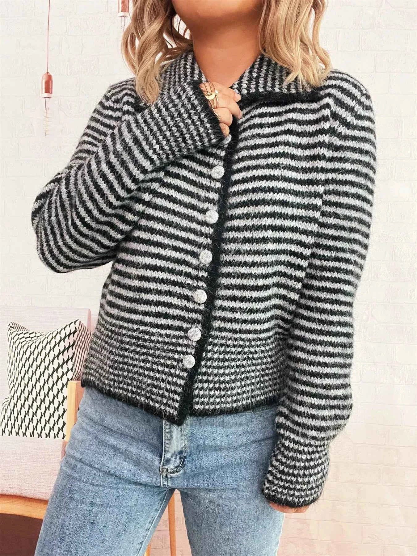 Striped Button-Up Long Sleeve Cardigan Black One Size cff06b11c090464d851668ac56efd04a-Max-Origin