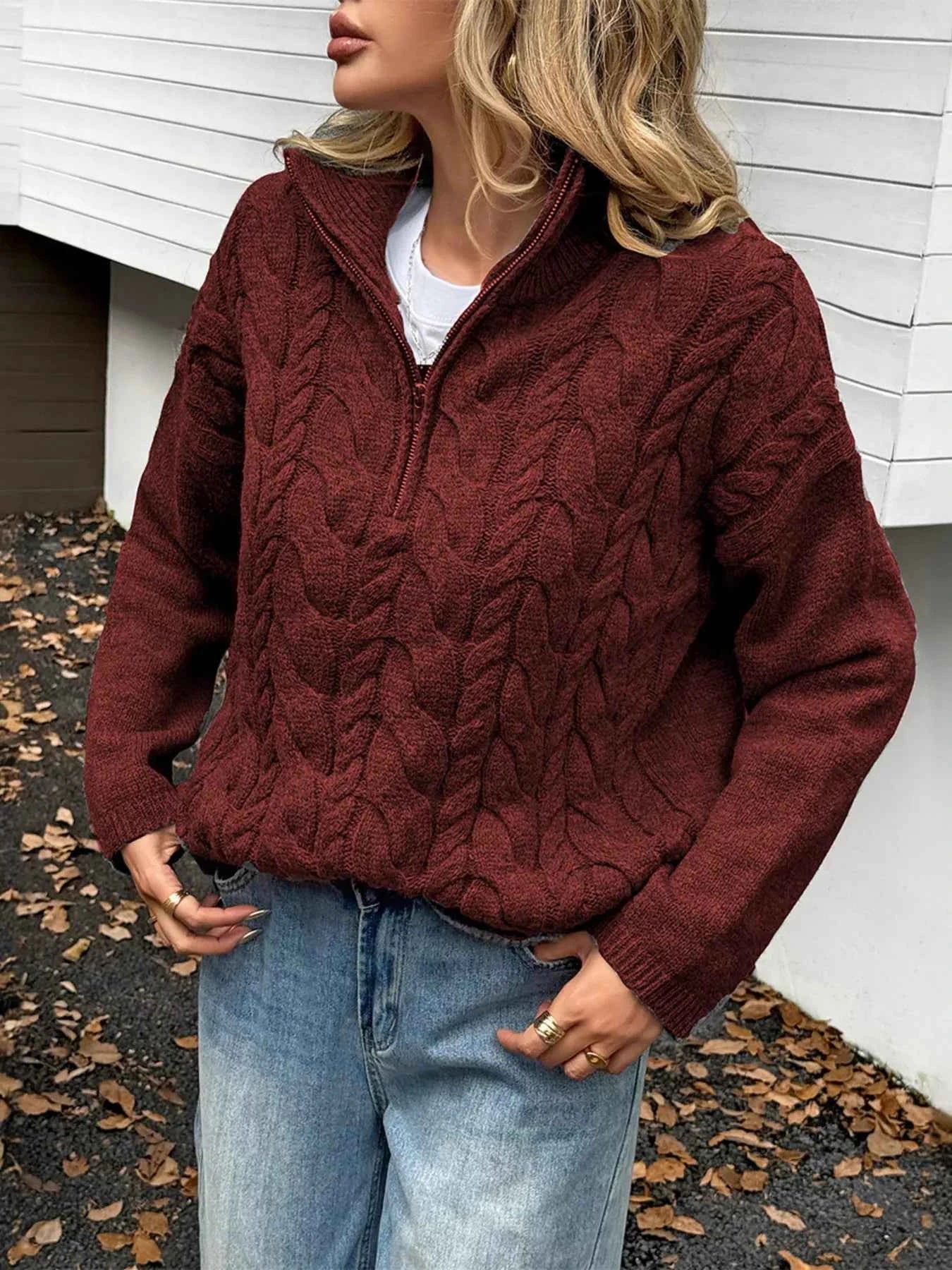 Zip Collar Cable-Knit Sweater Burgundy cff4bc449b03430b996e0469fb538632-Max-Origin