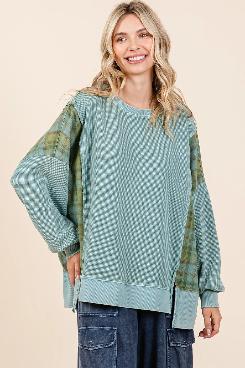 Mittoshop Plaid Panel Mineral Wash French Terry Sweatshirt SEA BLUE d003a9aab4c74e29b06f6dcfbc6d502f-Max-Origin
