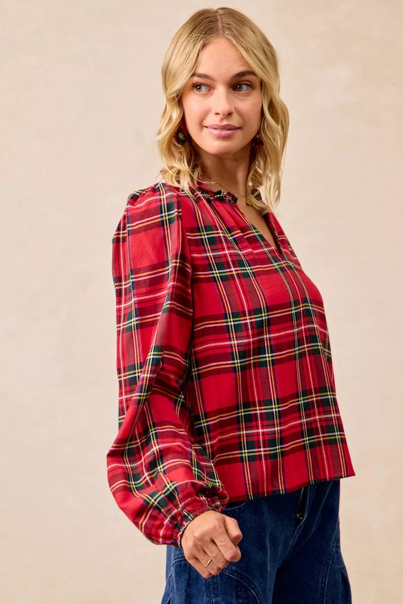 BiBi Christmas Plaid Balloon Sleeves Ruffled V-Neck Top d00d4ae89571402cad679b9f21459c0c-Max-Origin