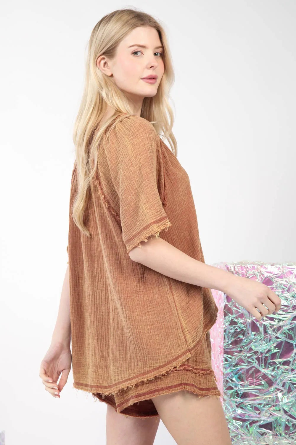 VERY J Washed Cotton Crinkle Gauze Top and Shorts Set d00e3c12-eecf-4683-82a7-1f2a2b07f3b7-Max