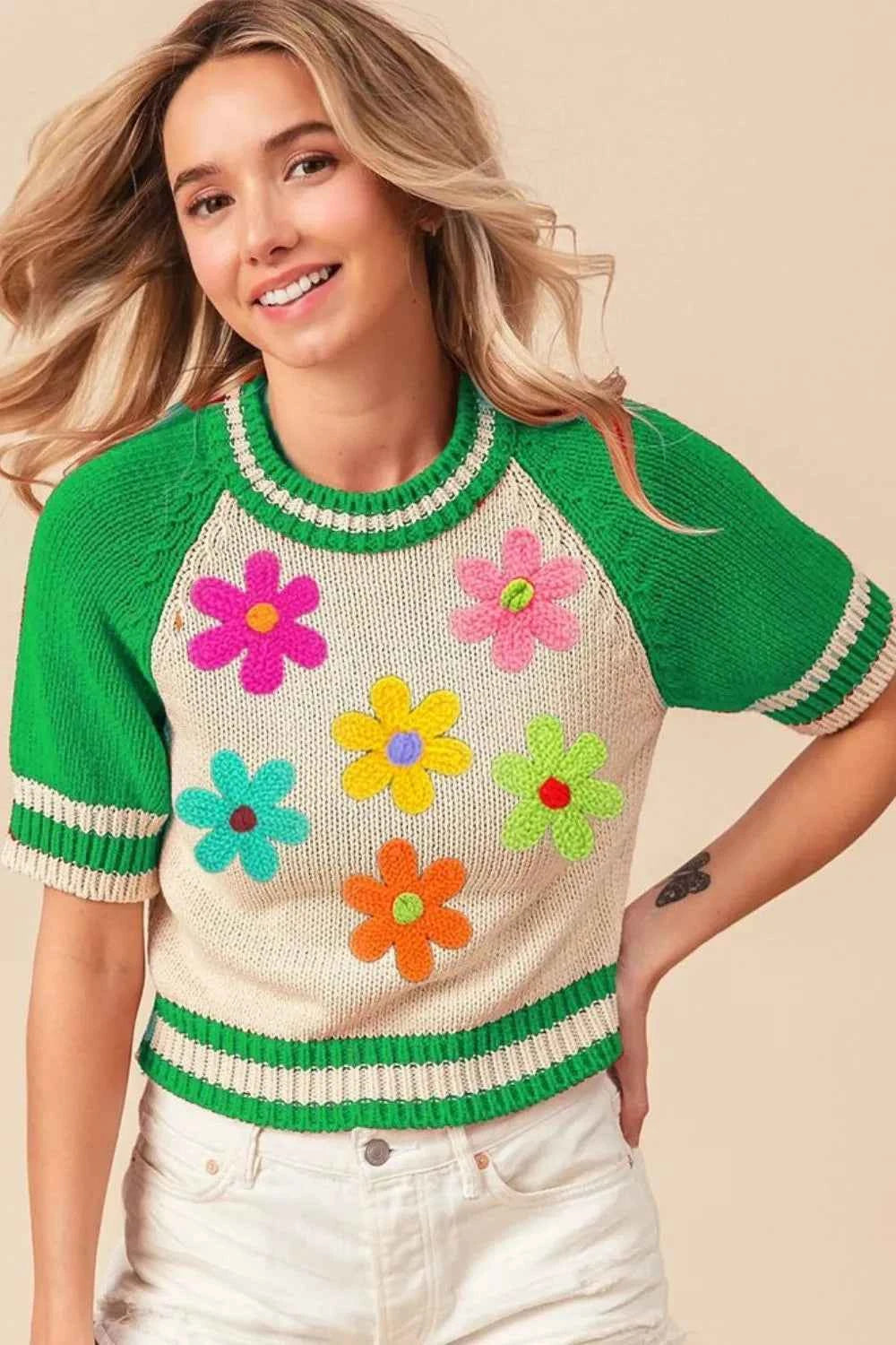 BiBi Crochet Flower Patches Striped Rib Band Sweater JADE d014d101-c416-4148-bf98-4de3d0c860e4-Max-Origin
