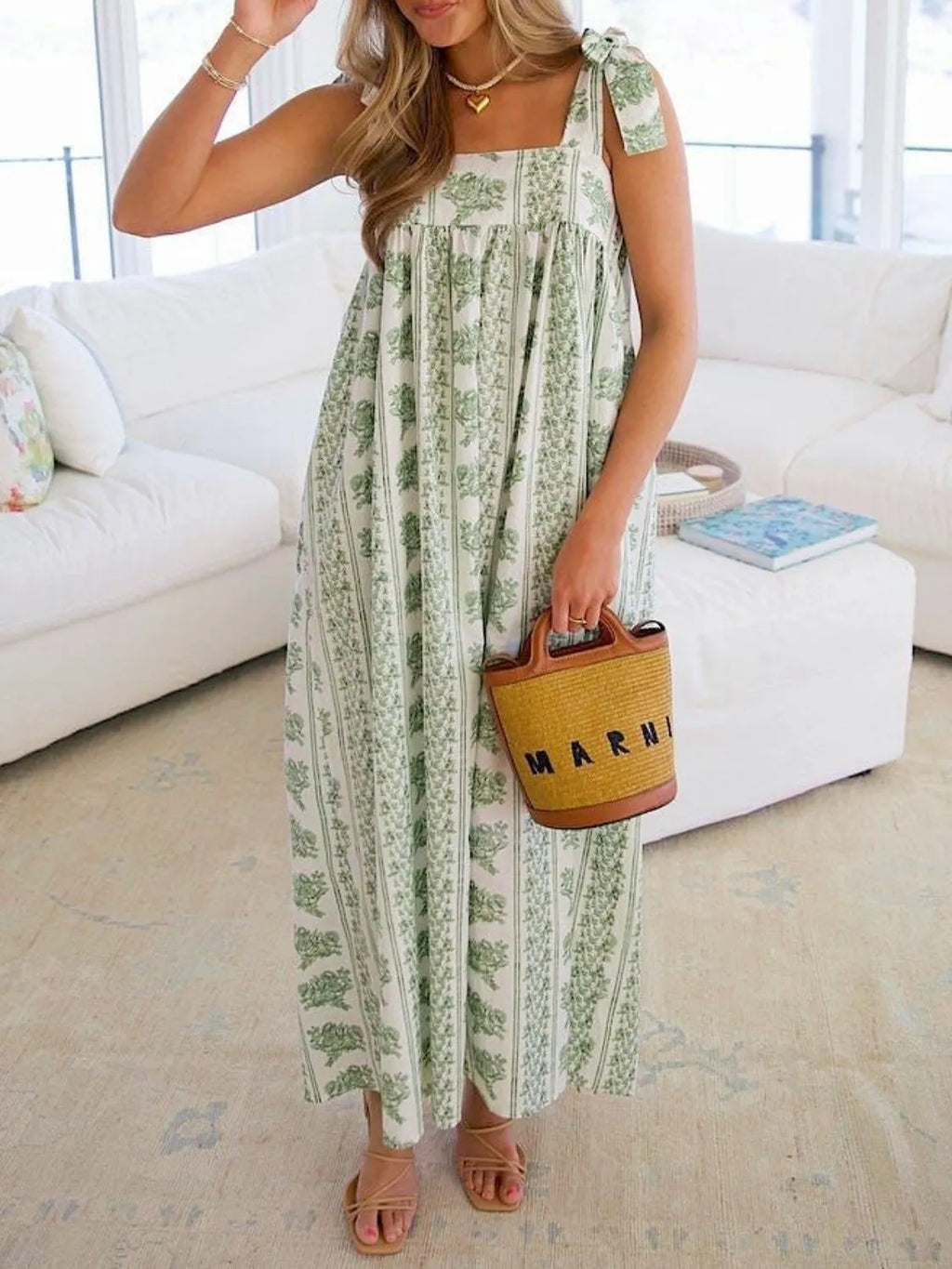 Printed Tie Shoulder Square Neck Midi Dress Light Green d01598ac-8c1d-4574-b080-850ecfc01450-Max-Origin