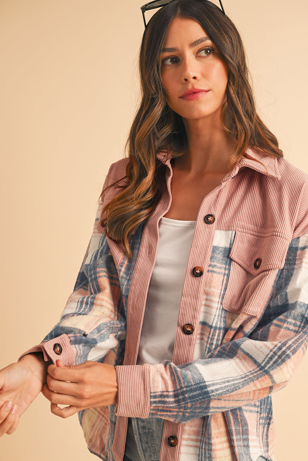 Cinnamon Plaid Corduroy Patchwork Pocket Loose Shacket d0193ee8038499cb