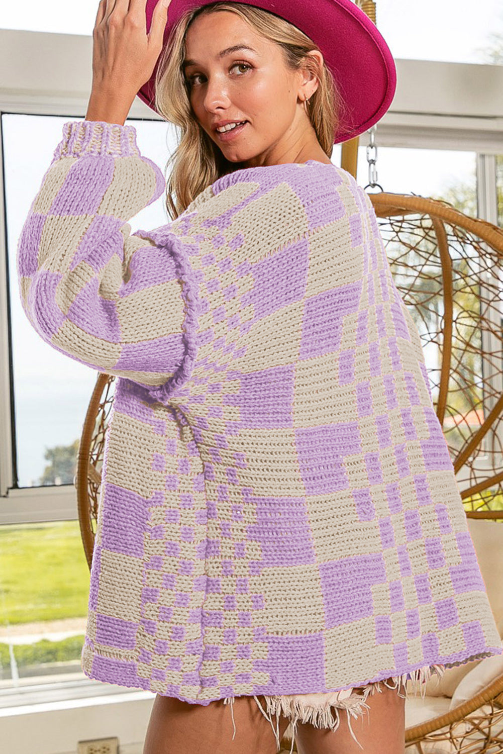 Dark Grey Colorblock Checked Loose Fit Open Front Knitted Cardigan d01d5a35f3c3260c