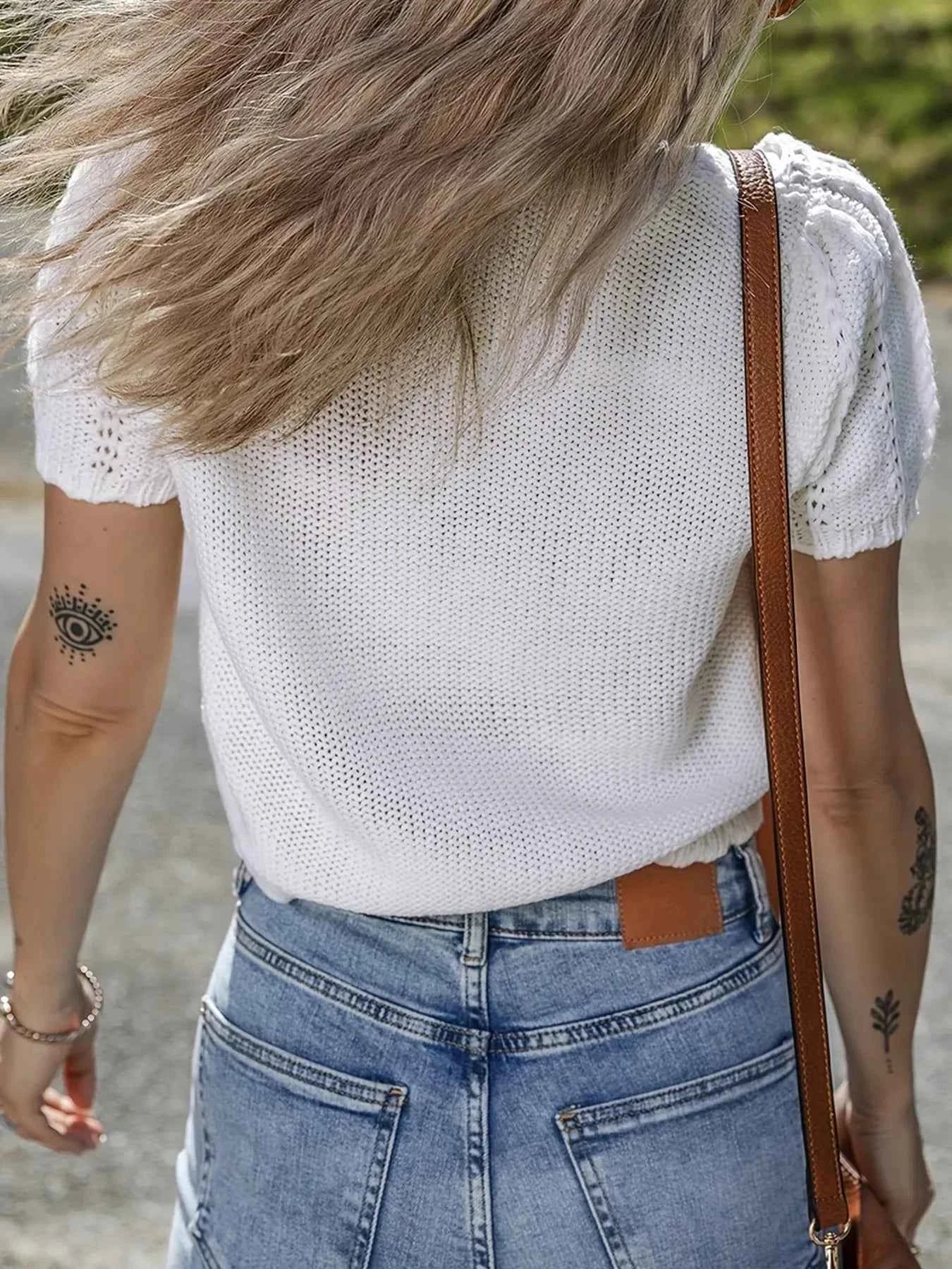 Openwork Round Neck Short Sleeve Sweater d02bfd4b9ada4006a12da9f3af098ede-Max-Origin