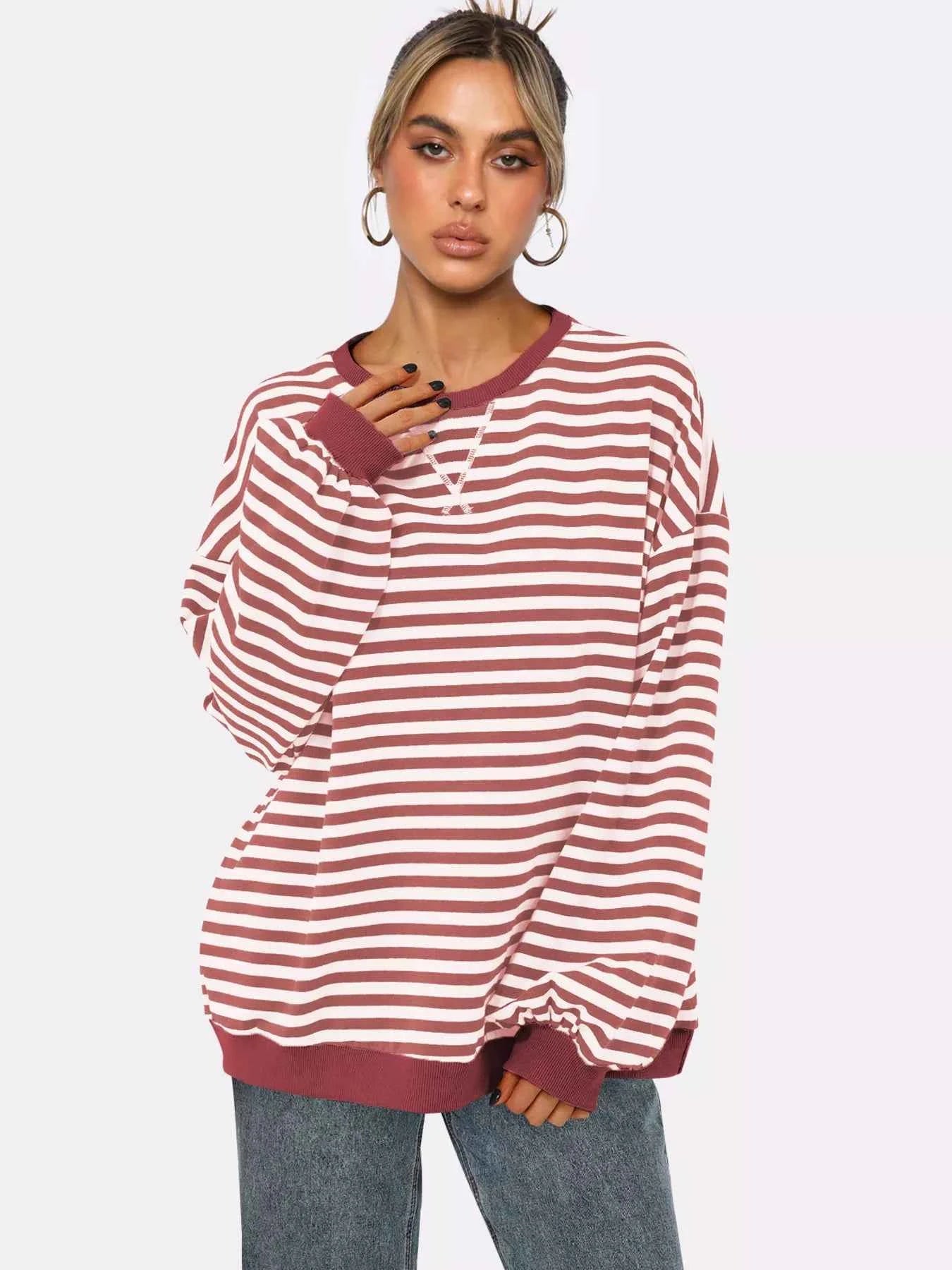 Striped Round Neck Long Sleeve Sweatshirt d03620b1eafe46b3a2a41b8efe63618f-Max-Origin