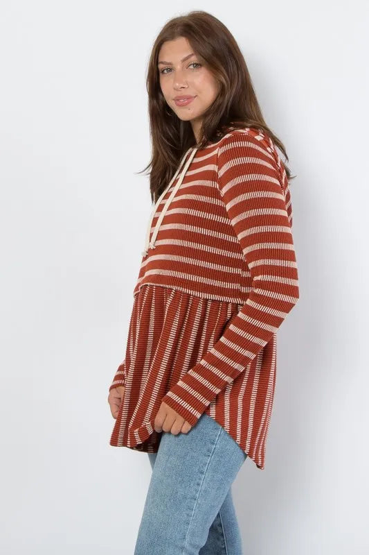 Be Stage Full Size Drawstring Striped Babydoll Hoodie d0630388-a4e5-47e1-bebb-174b52b7e9f4-Max