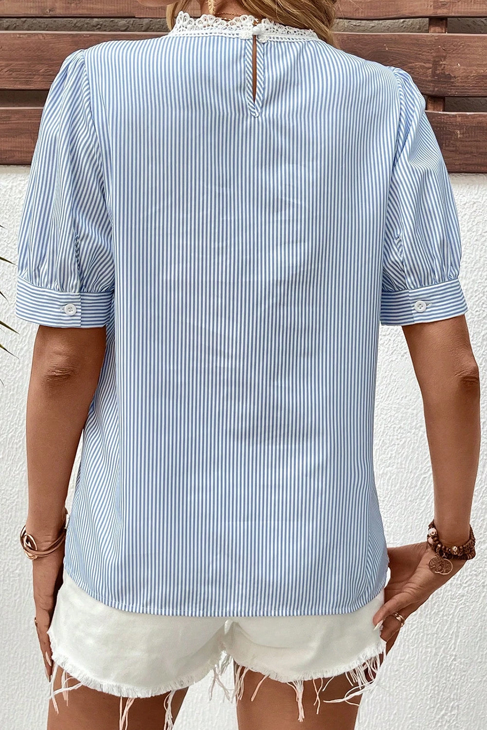 Sky Blue Striped Lace Floral Applique Puff Sleeve Blouse d0746bdc533803fd