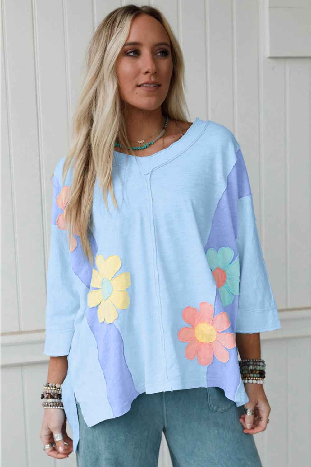 Light Blue Flower Patched Exposed Seam 3/4 Sleeve top d07ae9fccbb6b0e0