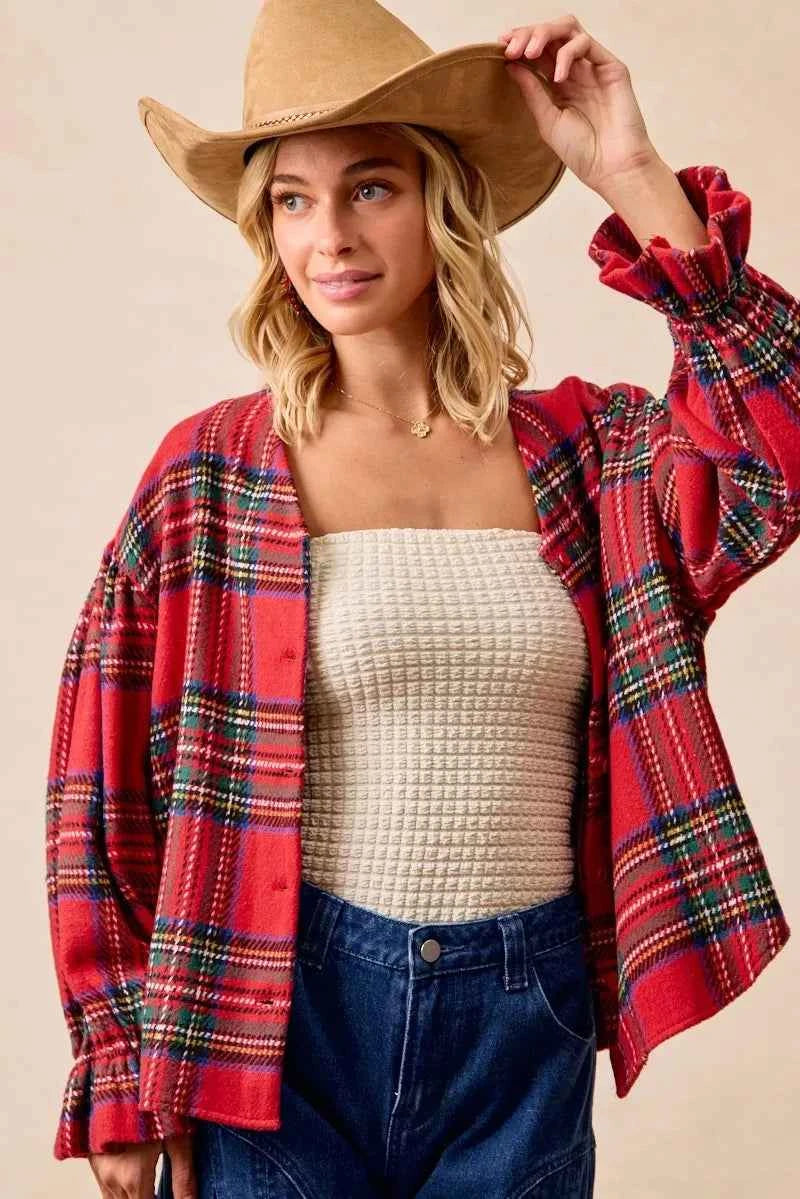 BiBi Christmas Plaid V-Neck Flounce Sleeve Jacket d081fea3cb9346bd9a1adac50d8079eb-Max-Origin