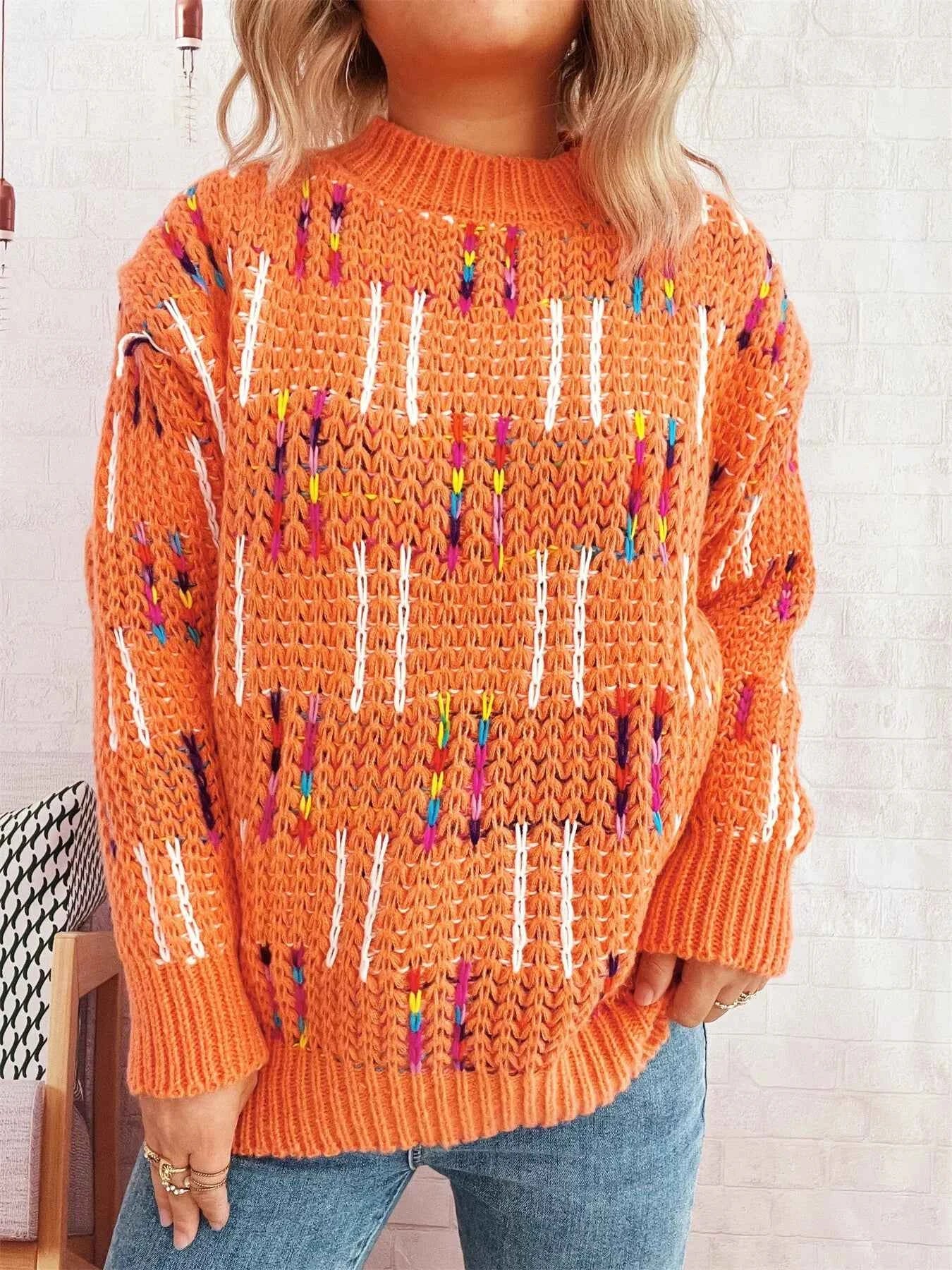 Colorful Round Neck Long Sleeve Sweater Orange One Size d08c55426a524889bf9c92a735436d13-Max-Origin