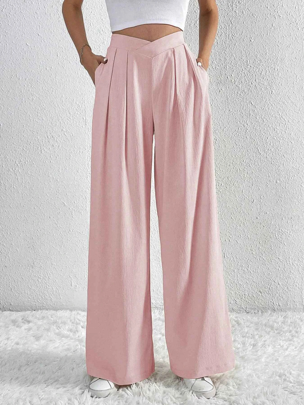 V-Waisted Ruched Front Wide Leg Pants d09baf0c7e7f465b94d95e38b60bd95c-Max-Origin