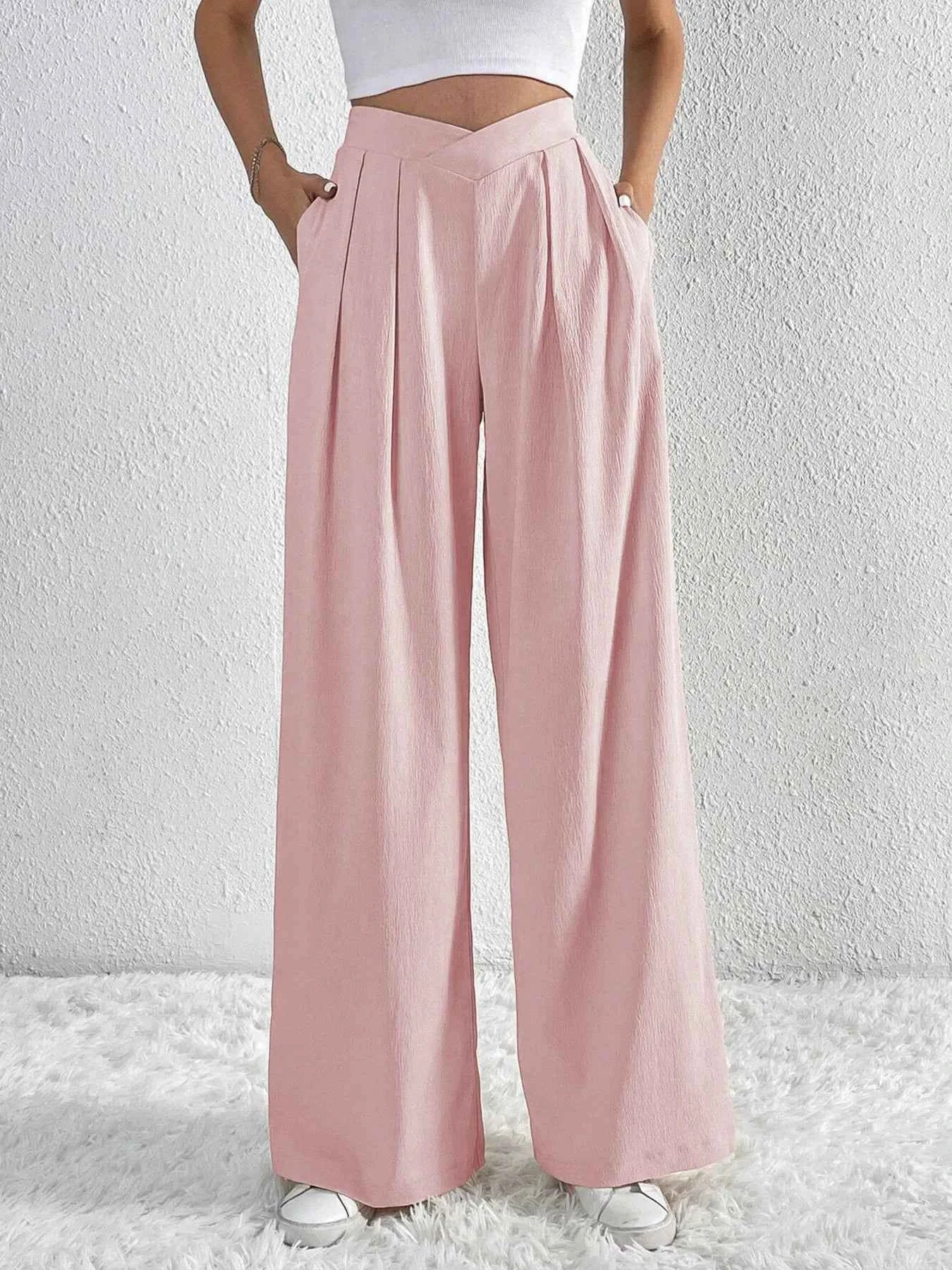 V-Waisted Ruched Front Wide Leg Pants d09baf0c7e7f465b94d95e38b60bd95c-Max-Origin