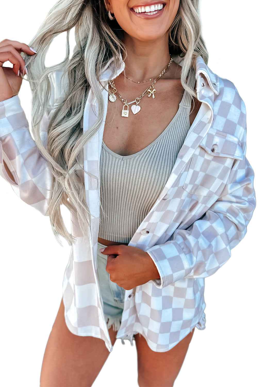 Khaki Checkerboard Flap Pocket Button Front Shacket Khaki 92%Polyester+8%Elastane d0c7f2a977379bd6