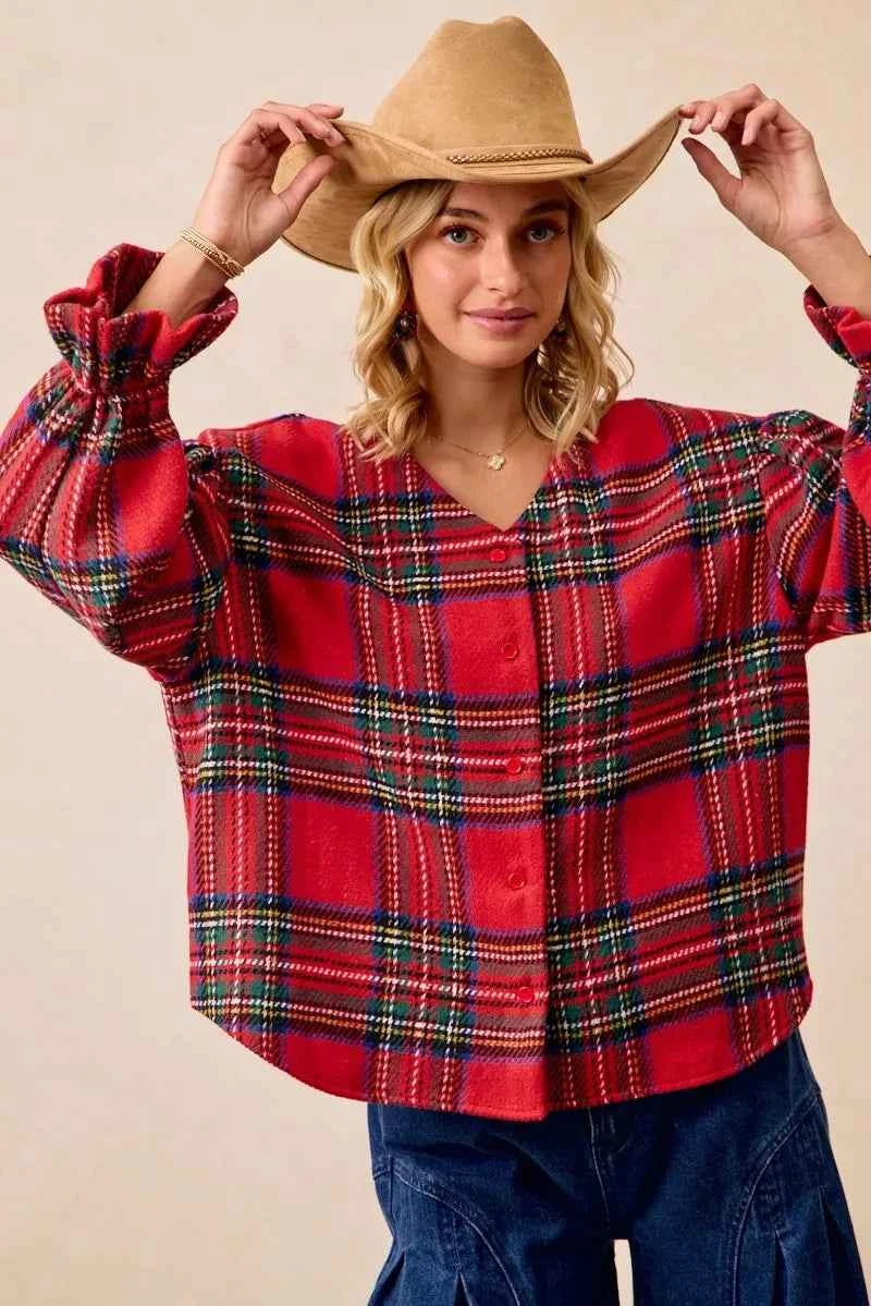 BiBi Christmas Plaid V-Neck Flounce Sleeve Jacket d0cd8989f56c4b3394b35573e9857d89-Max-Origin