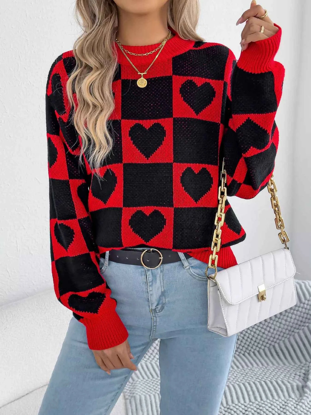 Heart Checkerboard Pattern Round Neck Sweater Black d0d74158063e4ea28ba9f564903a1938-Max-Origin