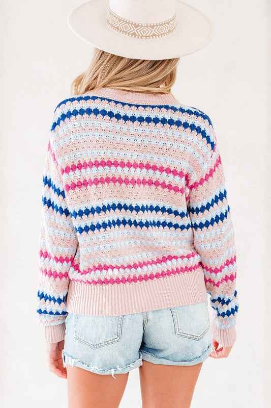 Stripe Eyelet Knit Drop Shoulder Sweater d0db758b-07fe-4200-a6fa-c4bd6dea7442