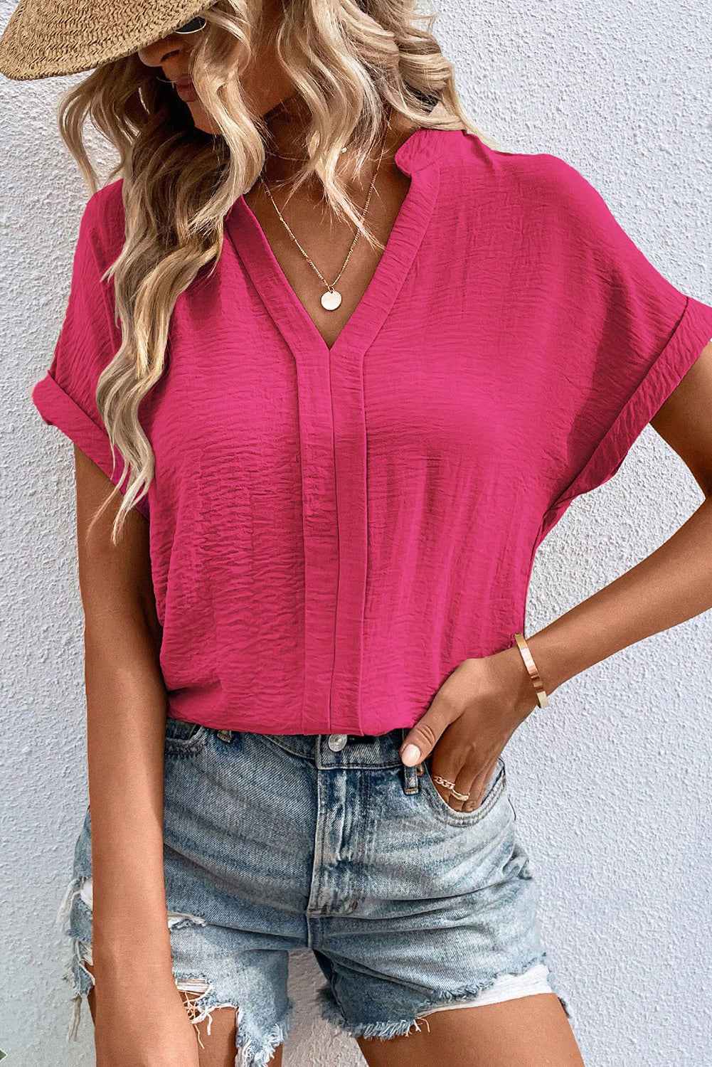 White Notched Neck Batwing Sleeve Blouse Rose Red d0e1233df5ca1830