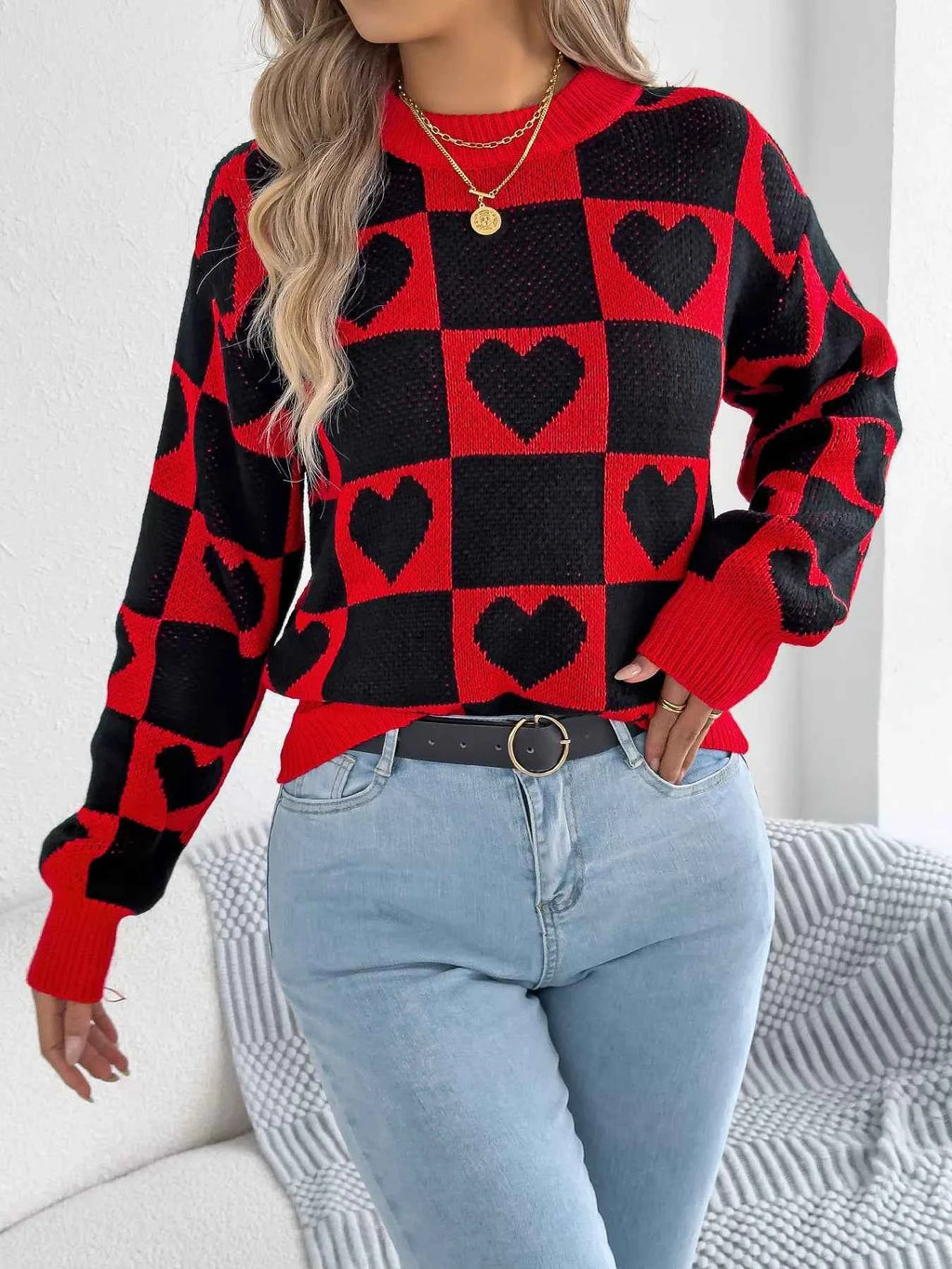 Heart Checkerboard Pattern Round Neck Sweater d0f09b7cd5fa41a7948b119e07293d74-Max-Origin