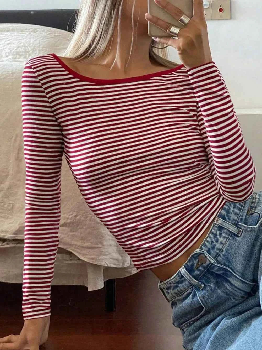 Devine Backless Striped Boat Neck Long Sleeve T-Shirt Rust d1048402-7d87-48a1-84bc-23c0735088dc-Max