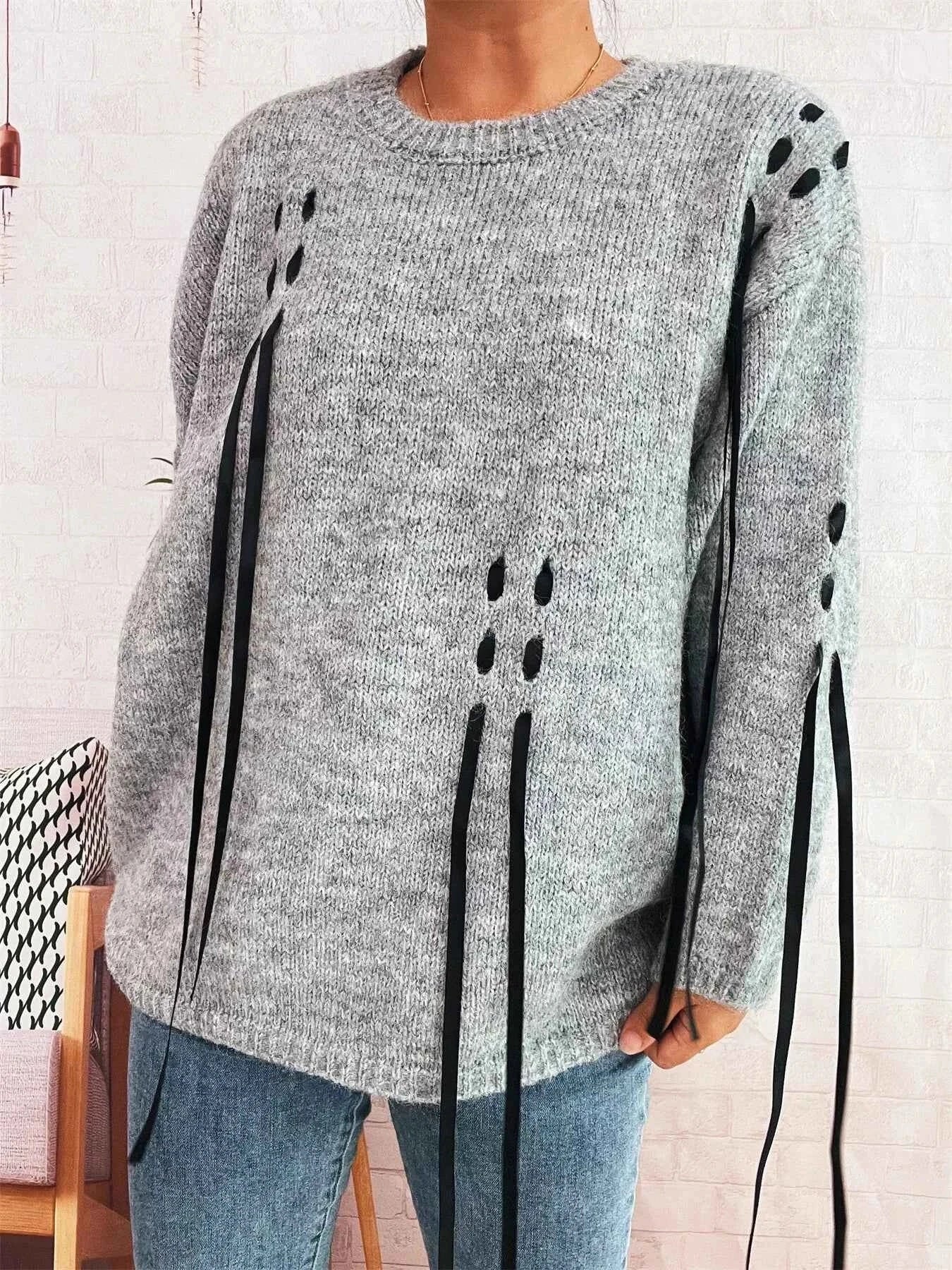 Round Neck Long Sleeve Sweater with Ribbon Details Gray One Size d10e3016145b4f45b04eee229d5e75fd-Max-Origin