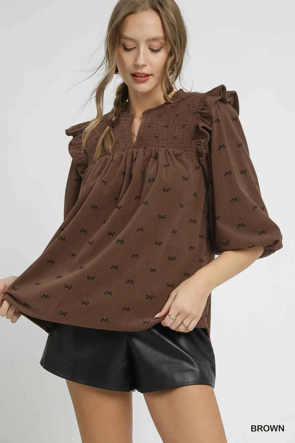 Umgee Bow Print Corduroy Puff Sleeve Blouse with Ruffled d12209d7-99bd-4f2e-8277-f7e9ccd67d1b-Max-Origin