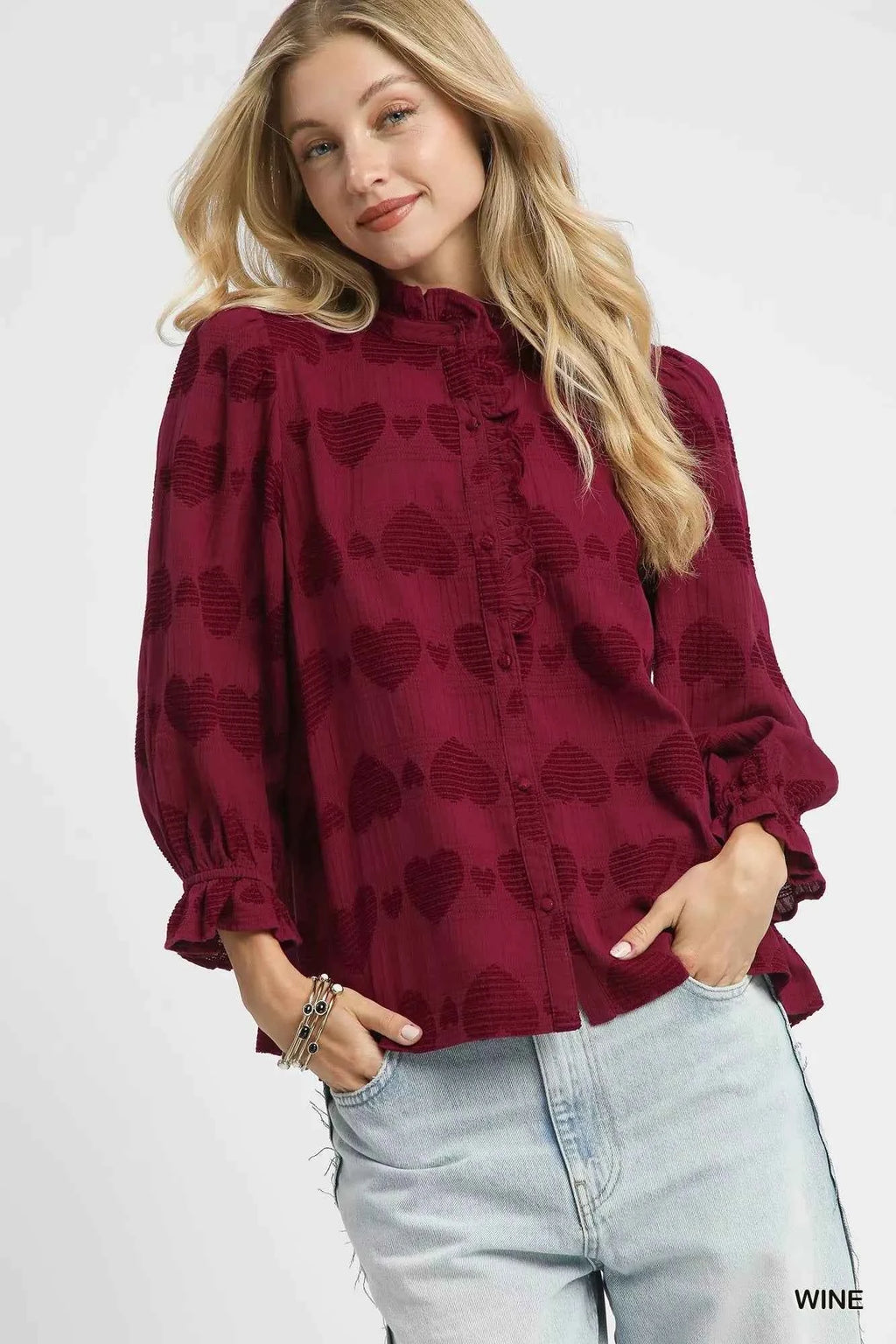 Umgee Heart Jacquard Ruffle Trim Shirt WINE d12380ec-e14f-49f2-83ed-00210b01f7ae-Max-Origin