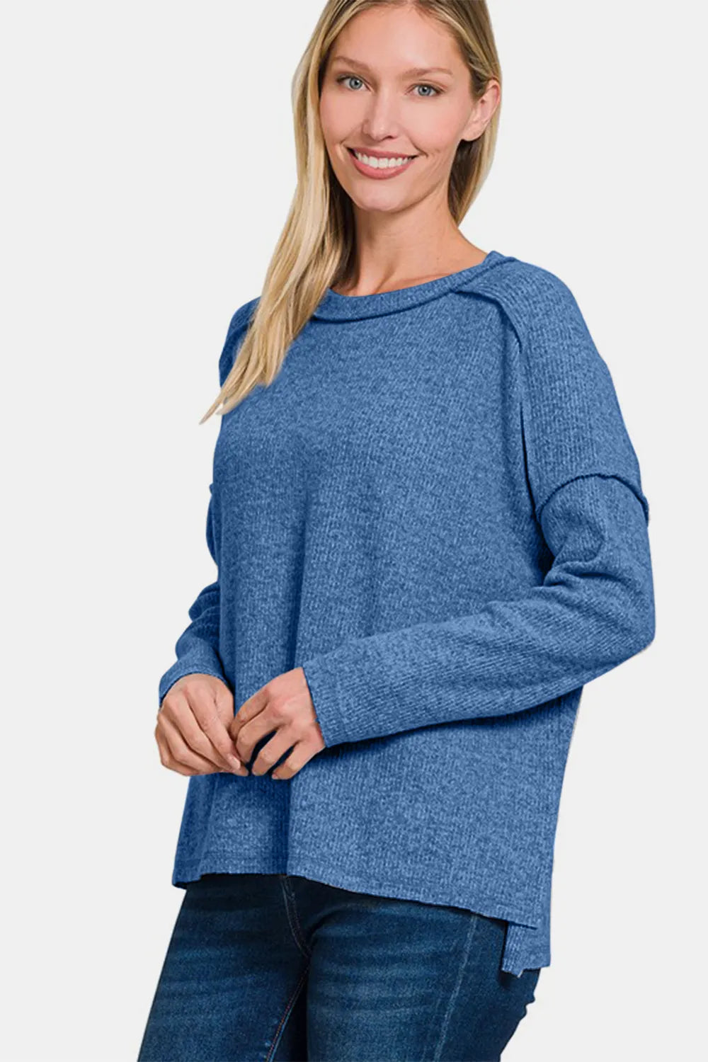 Zenana Full Size Exposed Seam Brushed Round Neck Sweater d139147a-fa31-4817-9e6b-66f5de02b289-Max