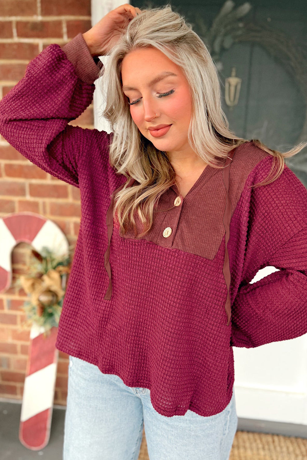 Racing Red Waffle Patchwork Drop Shoulder Hooded Long Sleeve Top d14949d28e87d661