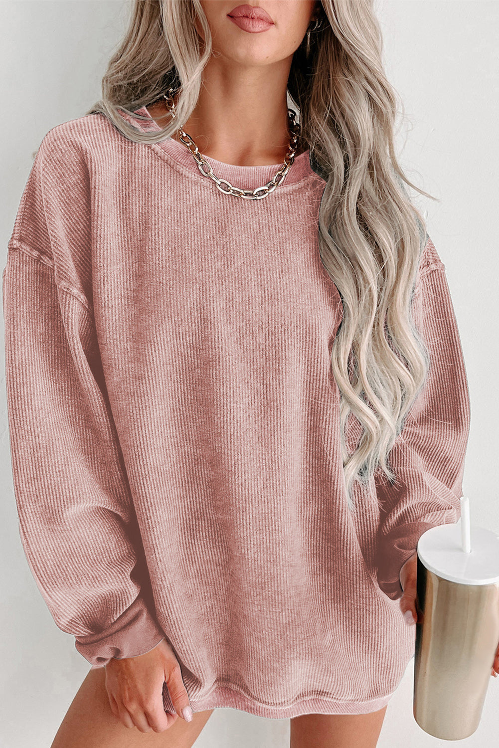 Green Ribbed Round Neck Drop Sleeve Pullover Sweatshirt Pink 100%Polyester d15251ea86bb3093