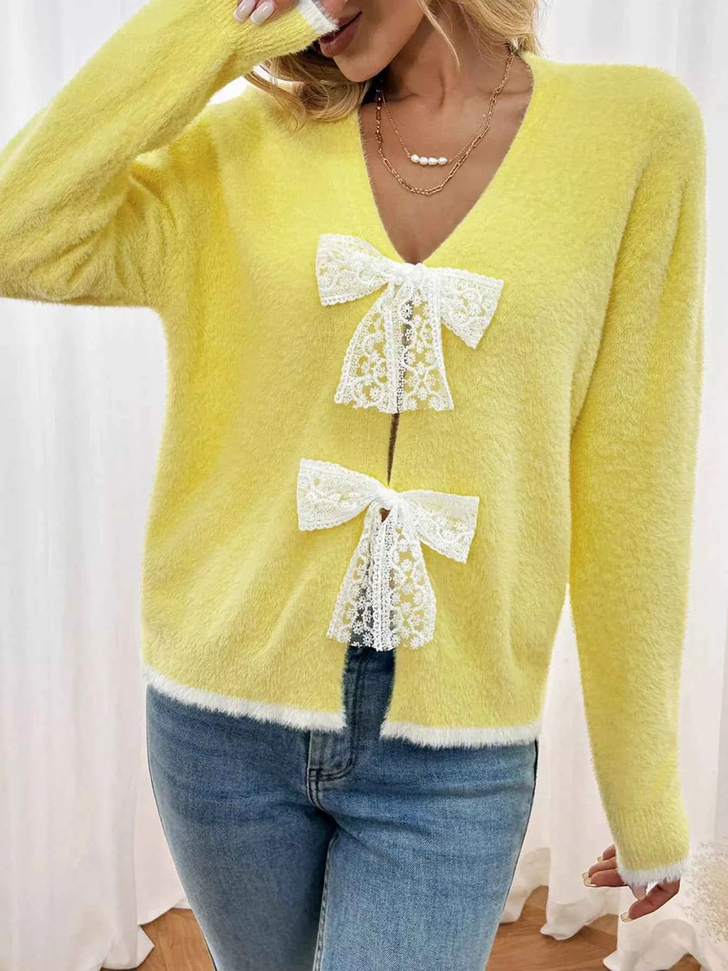 Lace Bow-Tie Front Long Sleeve Cardigan d1548fb7-c4ce-4e5c-b152-73e6802b6f67-Max-Origin