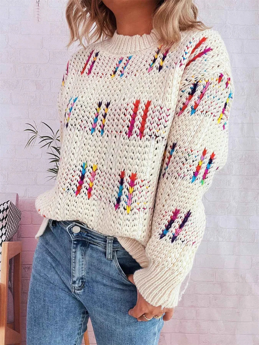 Colorful Round Neck Long Sleeve Sweater d1565805f6864cd0999aff9018be6558-Max-Origin