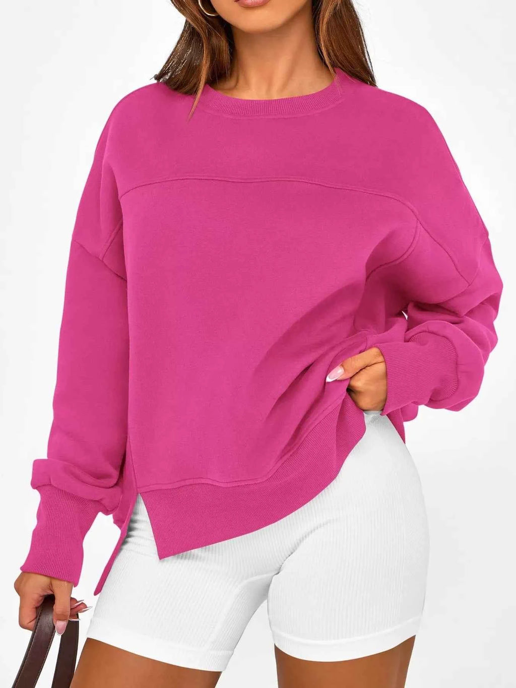 Slit Round Neck Dropped Shoulder Sweatshirt d15b8bb94fa545eda4c601b01e13bfa8-Max-Origin