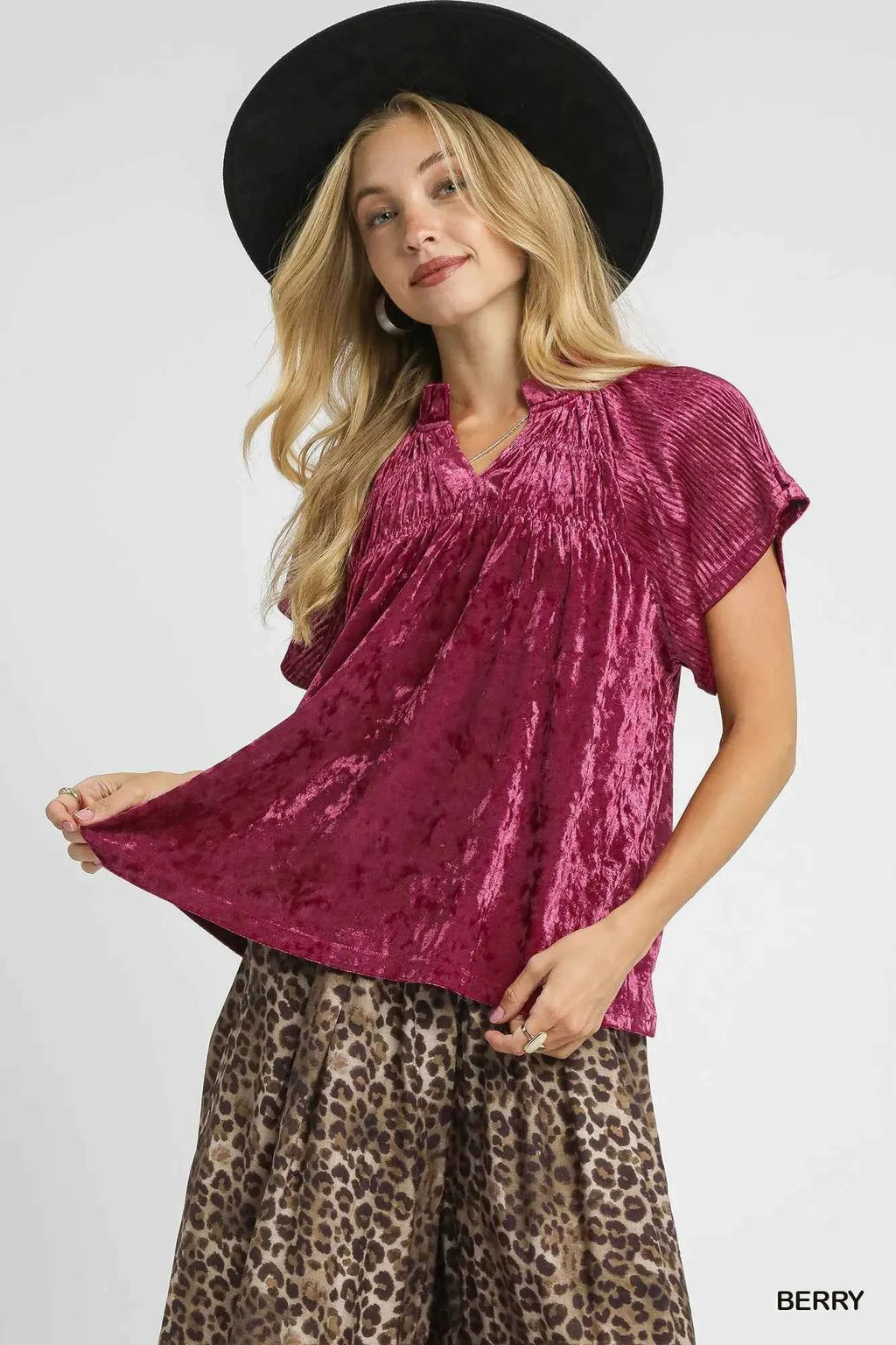 Umgee Crushed Velvet Pleated Blouse BERRY d16ef76d-d12f-48e4-a2e5-dc2a6b4f904c-Max-Origin