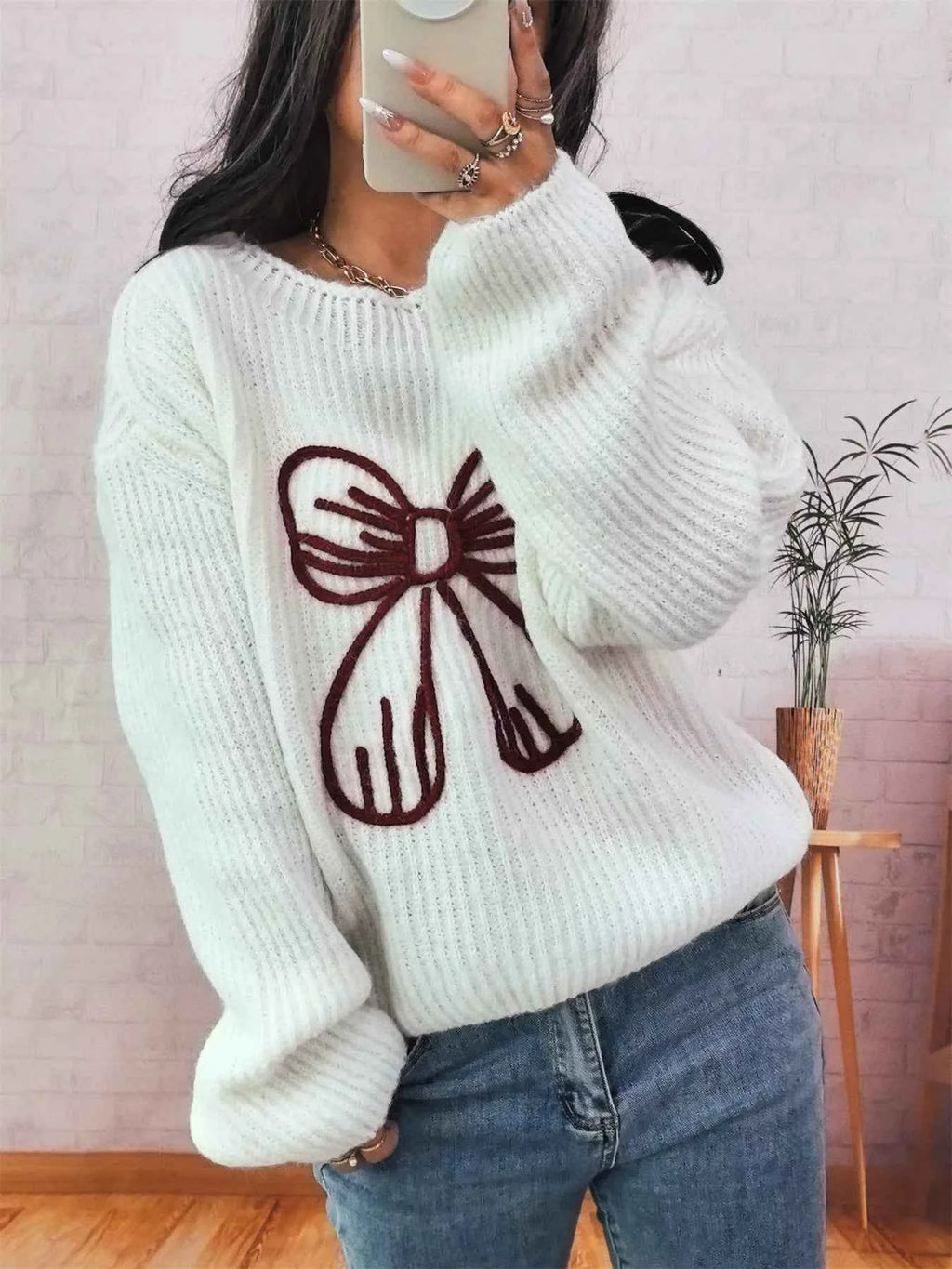 Bow Round Neck Long Sleeve Sweater d17577dc9a384630a2ec507e11050fd2-Max-Origin