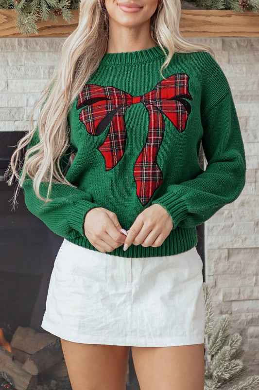 Plaid Bow Drop Shoulder Christmas Sweater d18d7a06-c3db-4662-a6e5-aa8f54e4983b